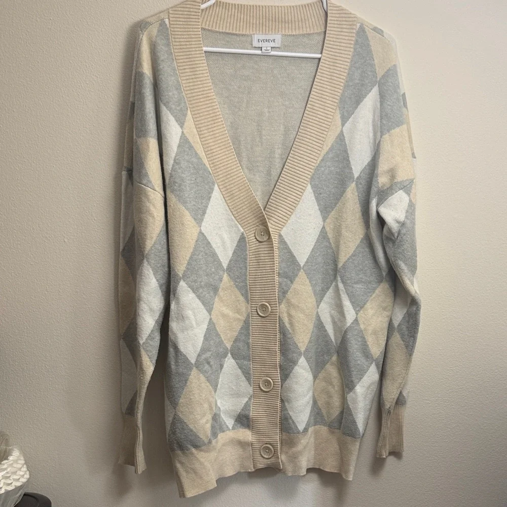 Evereve Beige and Gray Argyle Cardigan - Picture 2 of 4